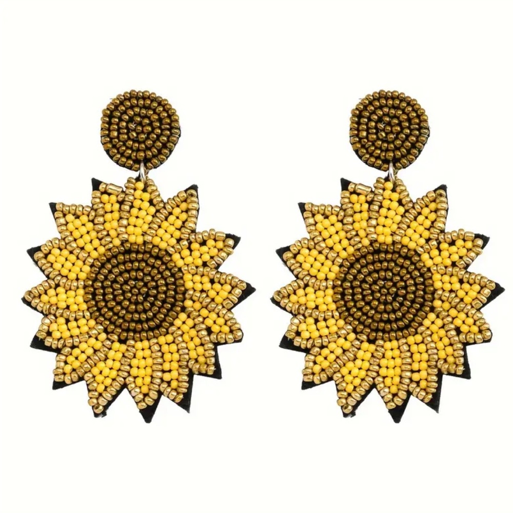 Handwoven Bead & Sequin Sunflower Earrings - Picture 1 of 2